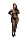 Koronkowy bodystocking z długim rękawem plus size z otwartym krokiem