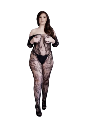 Koronkowy bodystocking z długim rękawem plus size z otwartym krokiem