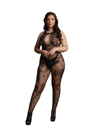 Koronkowy bodystocking z wysokim dekoltem i wycięciem keyhole