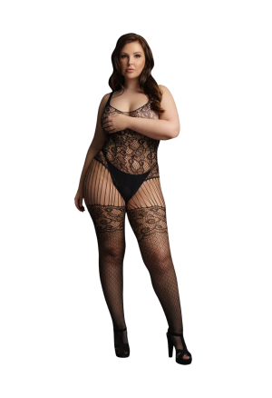 Koronkowy bodystocking z efektem pończoch plus size
