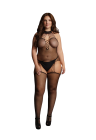 Siateczkowy bodystocking z paskami do pończoch i chokerem plus size