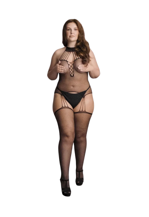 Siateczkowy bodystocking z paskami do pończoch i chokerem plus size
