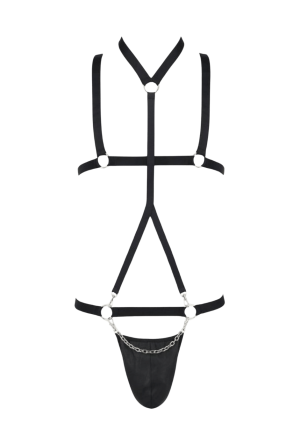 Wyzywający, czarny harness ze stringami