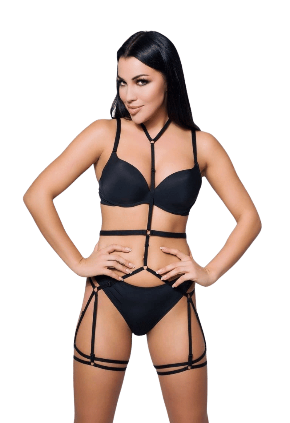 Seksowny harness, body z paseczków - choker i podwiązki
