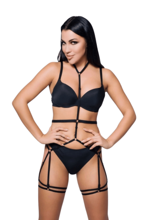 Seksowny harness, body z paseczków - choker i podwiązki