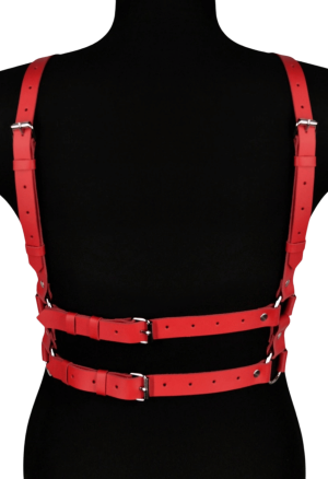 Czerwony, skórzany harness...