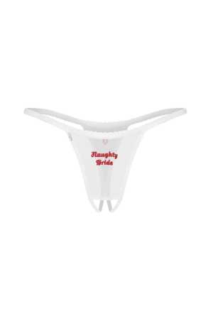 Stringi z kolekcji ślubnej – otwarte stringi z haftem „Naughty Bride”