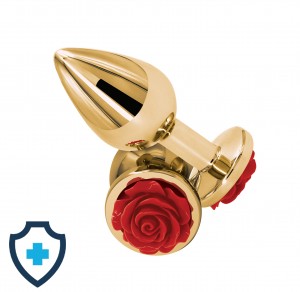 Złoty, metalowy plug z ozdobną, czerwoną różą