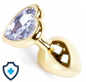 Metalowy plug - serce z przeźroczystym kryształem, złoty 