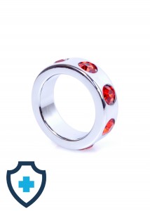 Ozdobny, metalowy ring erekcyjny z czerwonymi diamencikami