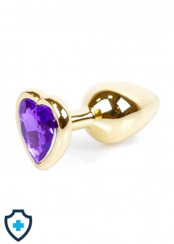 Metalowy plug - serce z fioletowym kryształem, złoty